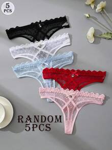 5PCS Women's Low-Rise Mesh Thong, Sexy Panties, Cute Bow Heart Charm, See-Through T-Back Multi-Piece Panty Set - Multicolor - View 7