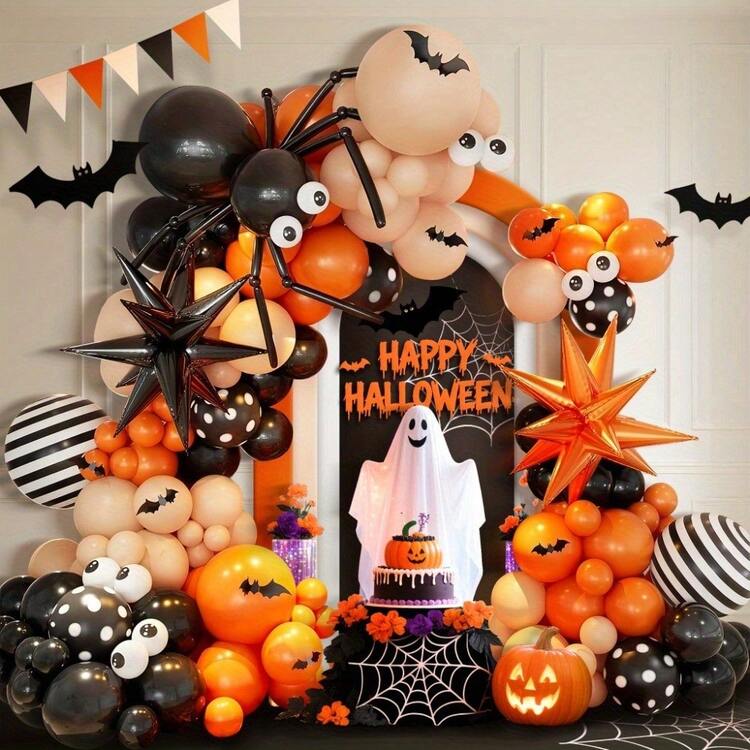 A 128-Piece Set Of Halloween-Themed Party Decorations, Including Black And Orange Latex Balloons And Star-Shaped Foil Balloons-Perfect For Halloween Celebrations And Events. - View 2