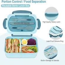 1pc 1200ml Bento Box With Utensils And Leak-Proof Lid, 3-Compartment Design, Also Suitable As Kitchenware, Ideal Christmas Gift - Multicolor - View 7