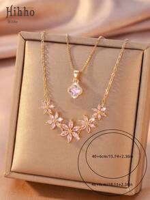 Hihho 2pcs/Set Pink Zirconia Flower & Lucky Four-Leaf Clover Layered Necklace Set, Dual-Color Options, Lightweight Luxury Niche Design, V-Shaped Collarbone Chain With White Zirconia Crushed Diamonds & Teardrop Zirconia Pendant, Inner Layer Simple Snake Chain With Round Pink Zirconia Four-Leaf Flower Pendant - Clavicle Chain - View 7