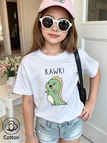 Summer & Autumn Girls' Cotton Short Sleeve T-Shirt, Cute Sweet Girly Preppy Style With Fun Printed Graphics - White - View 1