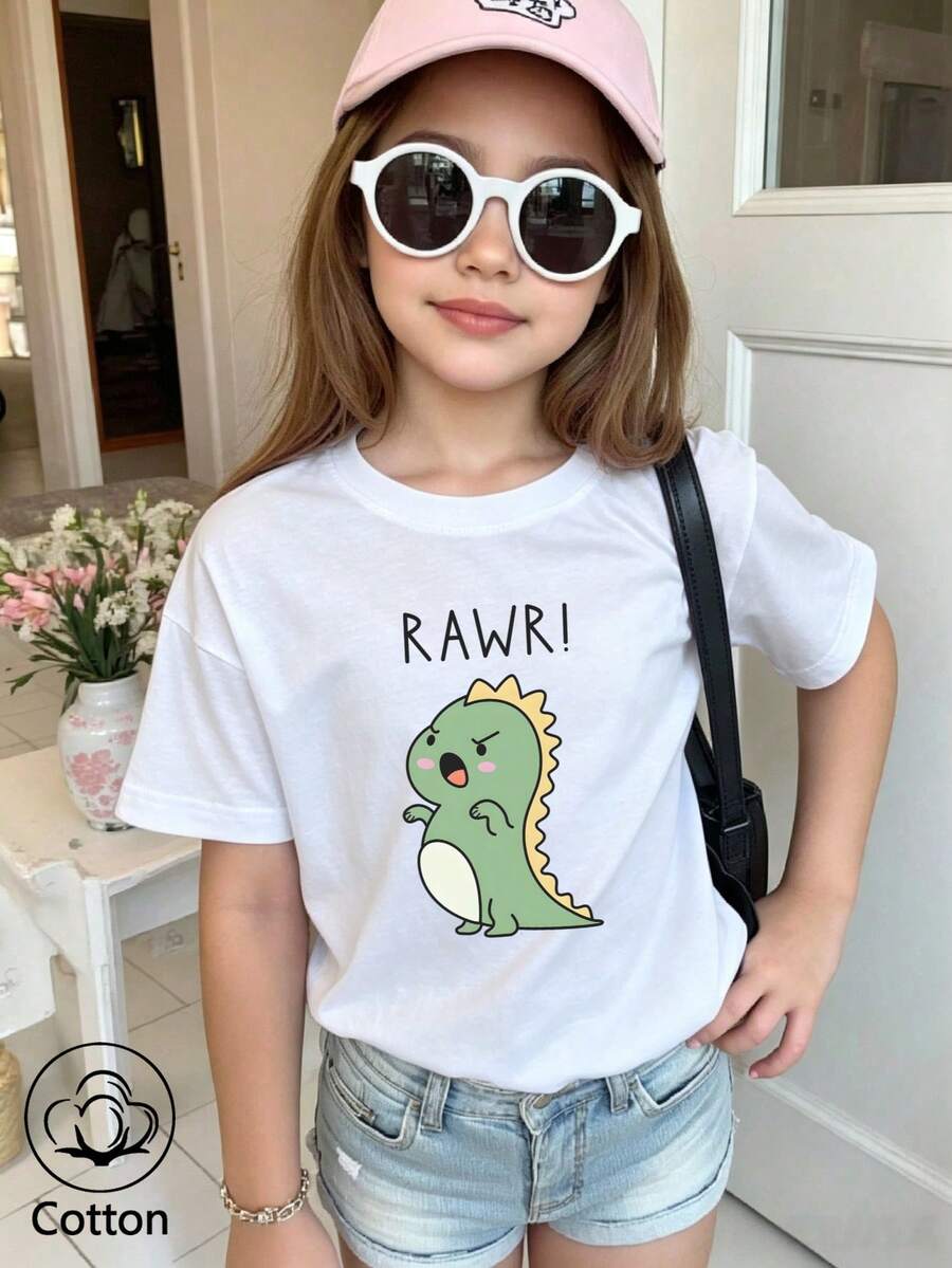 Summer & Autumn Girls' Cotton Short Sleeve T-Shirt, Cute Sweet Girly Preppy Style With Fun Printed Graphics - White - View 1