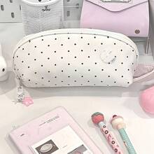 1pc Cute Multi-Compartment Stationery Storage Bag, Beige Polka Dot Design, Suitable For Students Classroom Learning, Back To School, First Day Of School - Multicolor - View 3