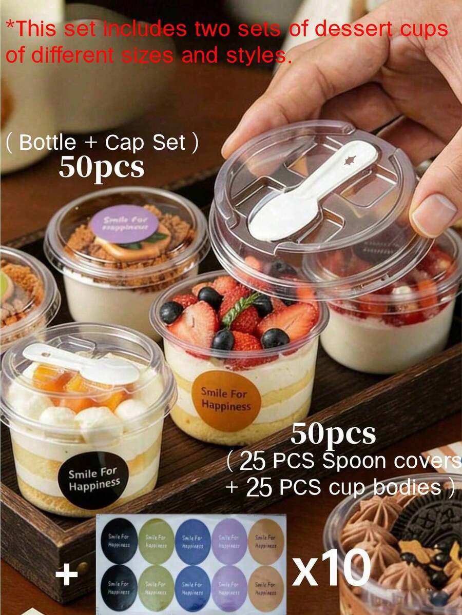 100/50/10/1pc Reusable Yogurt, Pudding, Oatmeal Cups With Lids And Spoons, Shatterproof Pudding Cups, 2 Sizes Dessert Cups Assorted + Decorative Stickers, Transparent Cream Cake Packaging Boxes, Suitable For Dessert Packaging, Refrigeration, Display, Outdoor Picnic And Travel (Sticker Style Random) - View 1