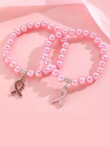 1pc Breast Cancer Awareness Bracelet With Red Ribbon, International AIDS And Breast Cancer Prevention - Pink - View 2