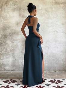 Women's Elegant Deep Blue Halter Neck Tie-Up Bust-Enhancing Slit Ruffle Dress, Suitable For Graduation Season Party - Dark Wash - View 6