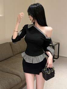 Women's 2-In-1 Plaid Asymmetric Shoulder Long Sleeve T-Shirt, Asymmetrical Neck Top, Base Layer - Black - View 3