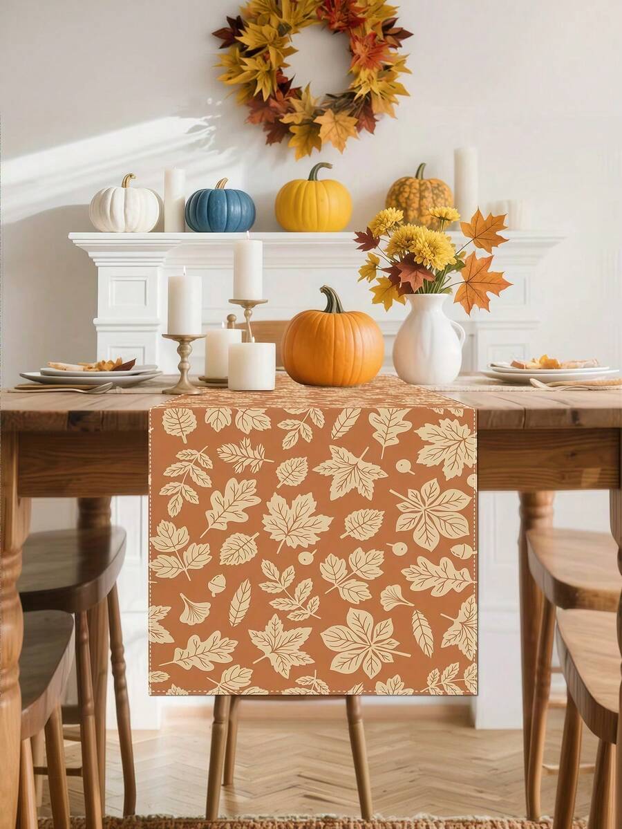 1 pieza Camino de mesa con hoja de arce de otoño - Marrón rústico con diseño de hoja blanca, decoración de mesa rectangular de poliéster para granja y reuniones familiares, decoración de mesa de Acción de Gracias | Decoración de mesa rústica | Textura - Naranja Quemada - Ver 1