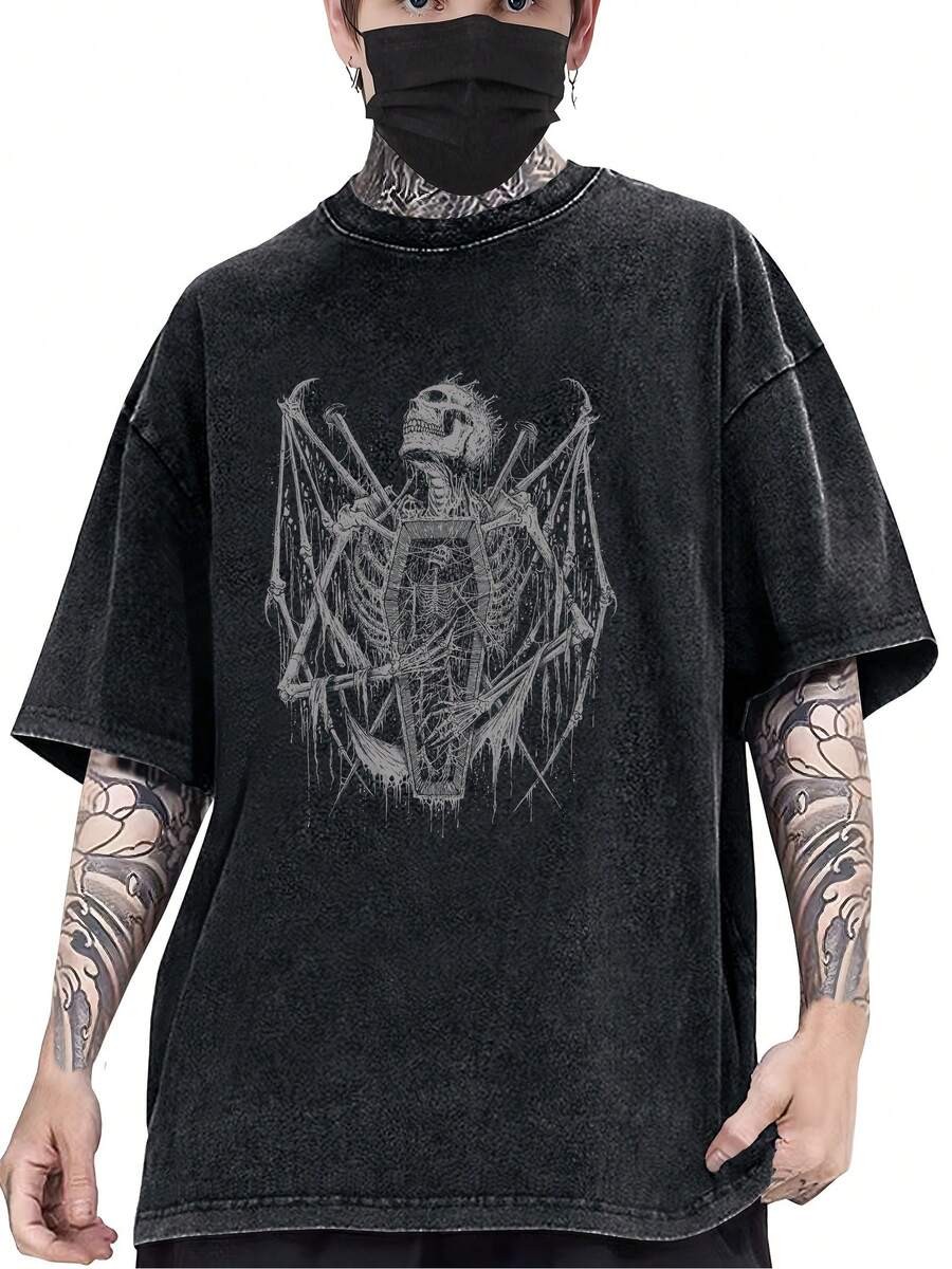 Letter Print Vintage Distressed Comfy Cotton T-shirt, Men's Casual Street Style Stretch Round Neck Tee Shirt for Summer - Svart - Visa 1