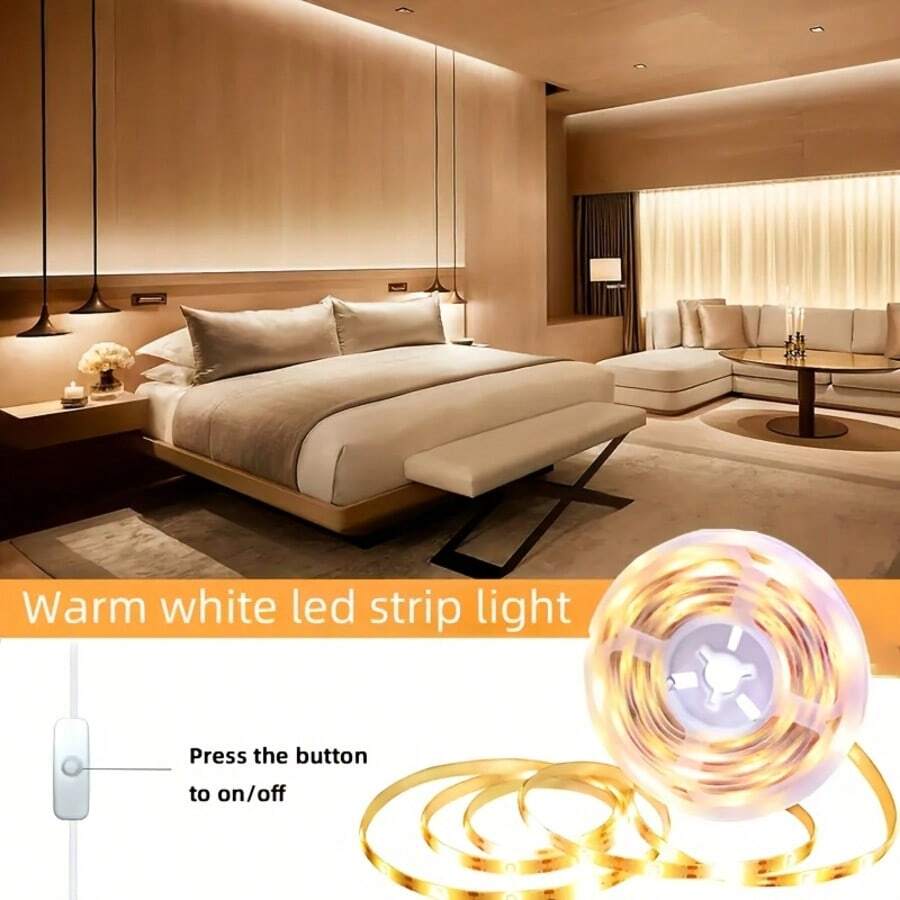 1 قطعة شريط إضاءة LED 8 مم، سطوع متوسط، جهد 5 فولت، قابس USB مع مفتاح تحكم بالزر، ظهر لاصق ذاتي للتركيب السهل، طول قابل للتخصيص وطي مرن، مناسب لغرفة النوم وغرفة المعيشة وإضاءة خلفية التلفزيون وإضاءة مرآة الزينة وهدية العطلات