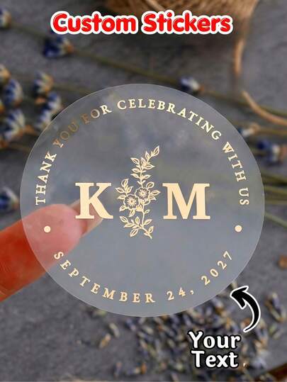 Custom Transparent Wedding Round Stickers, Personalized With Gold Foil And Black Ink Floral Round Envelope Seals, Home Decor, Wedding Decorations, Wedding Parties, Halloween Decorations, Teacher's Day, Halloween Gifts, Gift Box Decorations
