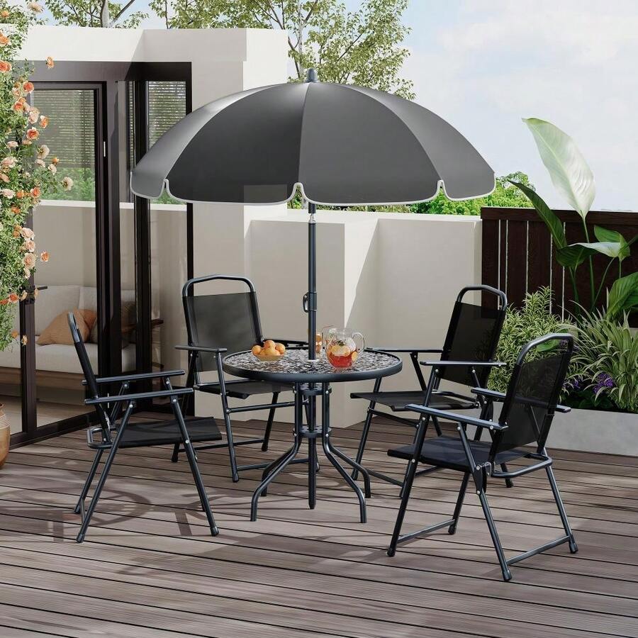 Kselythan Conjunto de comedor de exterior con sombrilla, mesa de patio y 4 sillas plegables con sombrilla, conjunto de muebles de jardín y patio con sombrillas, mesa de comedor con tablero de vidrio templado. - Negro - Ver 1