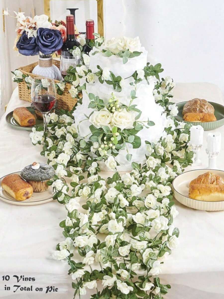 Improved Alice Vine Pattern 1pc 240cm Silk Fabric, Suitable For Wedding Decor, Outdoor Arrangement, Party Decoration, Table Centerpiece, Spring/Summer Decor - White - View 1