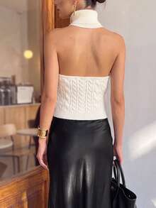 minisummer Women Elegant Fall Turtleneck Halter Knit Top, Cable Textured Sleeveless Fitted Cropped Sweater Vest For Daily Layering Outfits - White - View 3