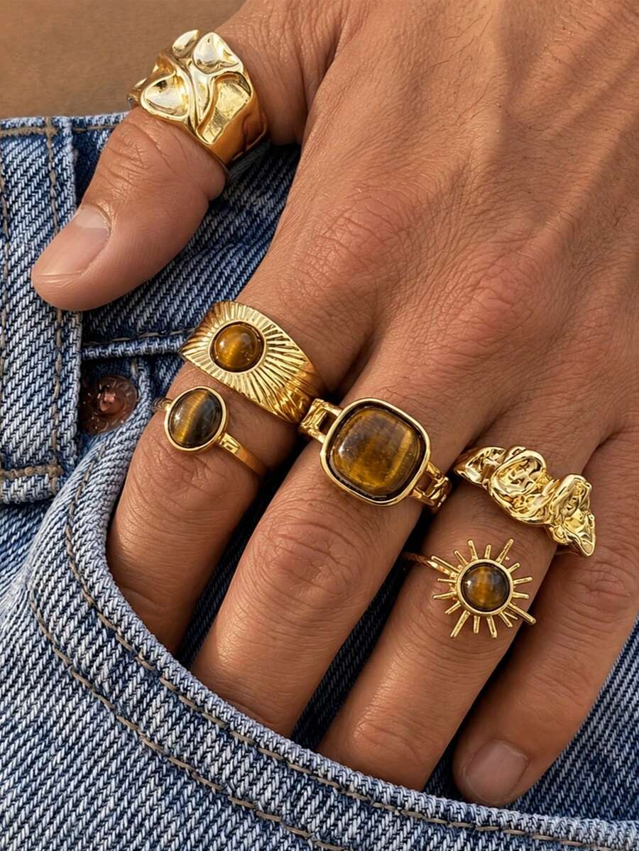 6pcs Fashion Elegant Sophisticated Casual Vintage Old Money Style Sun Cat Eye Stone Geometric Pattern Ring Set For Men, Suitable For Vacation, Party, Date, Travel And Daily Wear - Yellow Gold - View 1