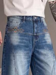 1pc Men's Loose Wide Leg Denim Jeans, Multi-Craft Design, Fashion Versatile, Suitable For All Seasons - Blue - View 6