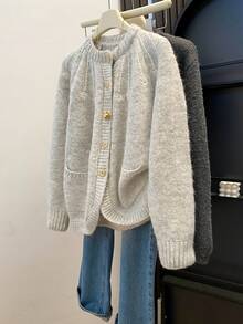 Women's Cute Comfortable Plush Knit Cardigan, Button Front Long Sleeve Sweater, Suitable For Halloween, Thanksgiving And Christmas Dates Fall - Grey - View 8