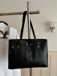 Solid Color Leather Belt Rivet Commuter Minimalist Design Large Capacity 2026 Summer New Tote Shoulder Underarm Bag For Women - Black - View 8