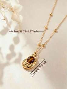 1pc 18K Stainless Steel Asymmetric Teardrop Tiger Eye Stone Pendant Necklace, Suitable As Mother's Day Gift - Gold - View 4