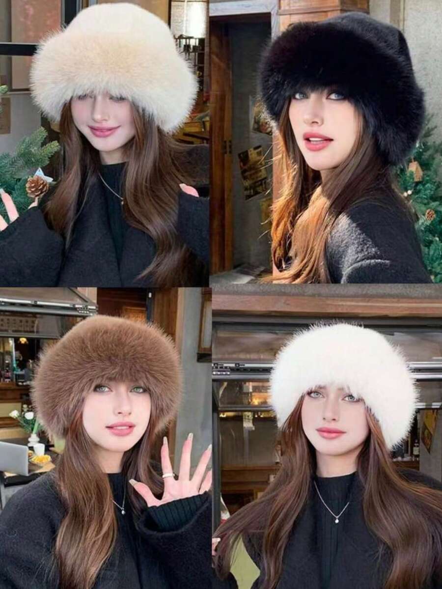Women's Faux Fur Bucket Hat, Thick Warm Plush Hat For Winter, Windproof And Snow-Resistant Cold Weather Hat - D - View 1