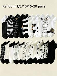 10 Pares de Meias Femininas Minimalistas Personalizadas em Preto & Branco, Meias Curtas Esportivas Casuais de Corte Baixo Fofas Adequadas para Uso Diário (1/5/10/15/20 Pares) - Multicolorido - Visão 7