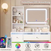 Devoko tocador con espejo LED, iluminación RGB y modo música, tocador con superficie de cristal, cajones, estante abierto, regleta de enchufes, USB/Tipo C y función de temporizador, blanco - Ver 10