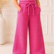 Blogueirinha Children's Wide Leg Pants In Ribbed Cotton Fabric With Pocket, Comfortable And Soft - Rosa Fucsia - Ver 1