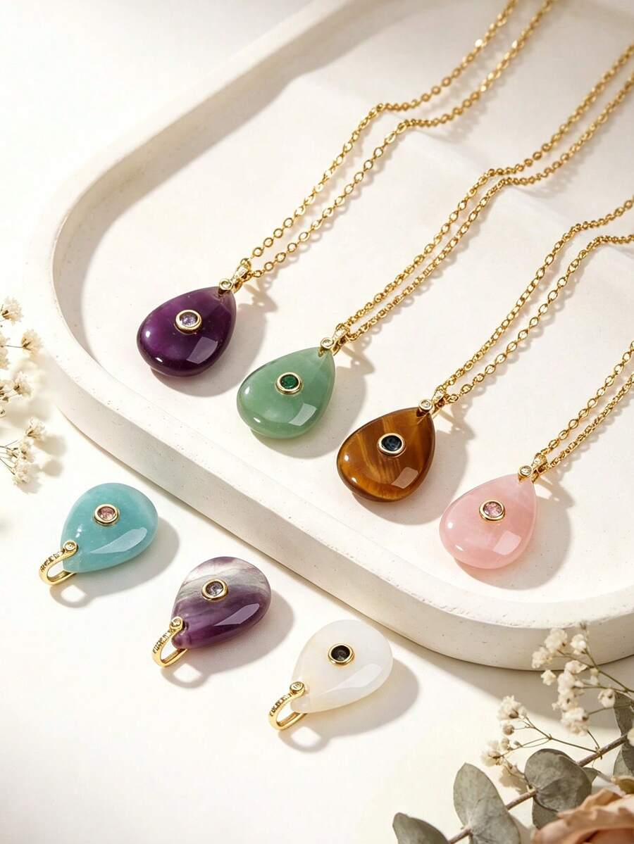 1pc Water Drop Crystal Pendant Necklace For Women Healing Energy Gold Color Stainless Steel Chain Amethyst Summer Jewelry Gift H932 - Necklace - View 1