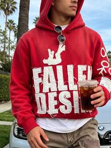 Y2k Embroidered Letter Hoodie Fallen Desire,Vintage Red Oversize Pullover Autumn And Winter Street Casual Sweatshirt Unisex, Back-To-School - Burgundy - View 4