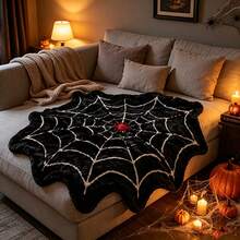 Spider Web Design Halloween Throw Pillow Blanket, Black Plush Soft Round Spider Web Blanket With Red Spider Pattern, Ultra Soft Comfortable Novelty Fluffy Blanket, Suitable For Bedroom, Sofa Bed Use, Gothic Halloween Home Decor Blanket - Multicolor - View 7