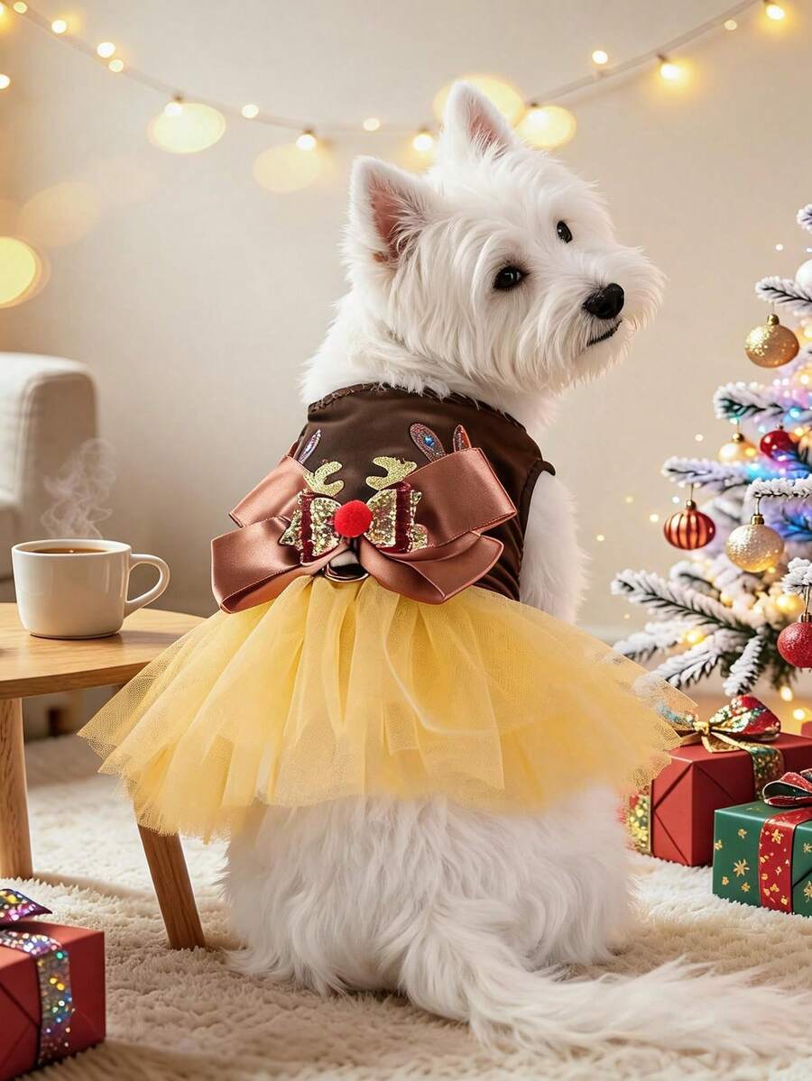 PETCIRCLE 1件寵物衣服 小狗幼犬貓咪可愛風 節日氛圍戶外彩色鹿角毛茸茸裙 - 彩色 - 查看 1
