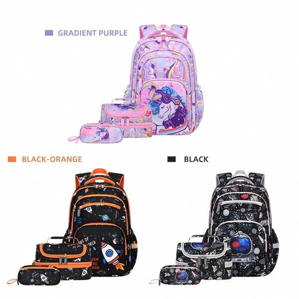 Gradient Purple Unicorn Print Backpack, Lightweight Waterproof Ergonomic School Bag With Pencil Case, Suitable For All Ages, Convenient For Outings