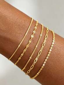 Fashionable Minimalist Rhinestone Star & Heart Pendant Chain Bracelet Set For Women, Suitable For Daily Wear, Dating, Party, Gold Jewelry Accessory, Small Gift For Female Friends (Material Is Iron, Please Avoid Contact With Water To Prevent Rust) - 6 Star Pendants - View 7