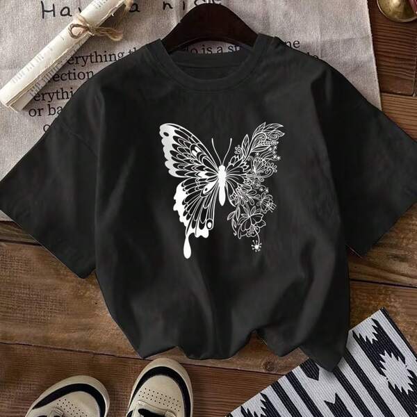 Damen T-Shirt aus Baumwolle mit Blumen- und Schmetterlings-Grafik, Rundhalsausschnitt, Kurzarm, lässig, schwarzes ästhetisches Blumen- und Schmetterlings-Print-Shirt