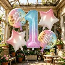7pcs Gradient Number Foil Balloons With "Happy Birthday" Round Pattern And Pink & White Star Design, Free Adhesive Straws Included, Suitable For Kids Birthday, Baby Shower, Girls Party And Photo Backdrop - View 3