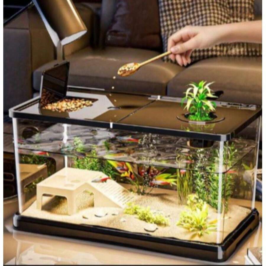 Fish Tank With Lid, Home Turtle Breeding, Small To Medium Hydroponic Aquarium, Living Room Transparent Goldfish Tank, Small Desktop Turtle Tank - Black - View 1