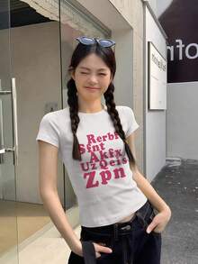 女款字母印花短袖T恤，夏季辣妹修身短版上衣，獨特設計休閒風 - 白色-1 - 查看 3