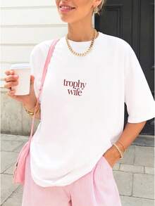 Minimalist Trophy Wife Print Tee, Unisex Tops, Old Money Aesthetic, Y2K Streetwear, Summer Outfit For Women, Elegant Off-Campus Vacation Shirt - White - View 7