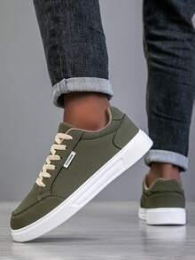 Men's Low-Top Lace-Up Sneakers, Solid Color Minimalist Flat Design, Suitable For Daily Commute, Casual Outings And Leisure Wear - Army Green - View 4