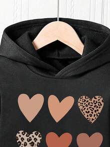 2pcs/Set Girls Heart Pattern Print Warm Hoodie And Sweatpants Set - Black - View 3