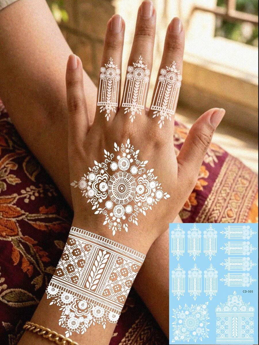 1張傳統白色海娜 Mehndi 文身貼紙，防水精緻花卉手腕手指轉印貼，持久假文身，適用宗教儀式、阿拉伯派對手部裝飾 - 白色 - 查看 1
