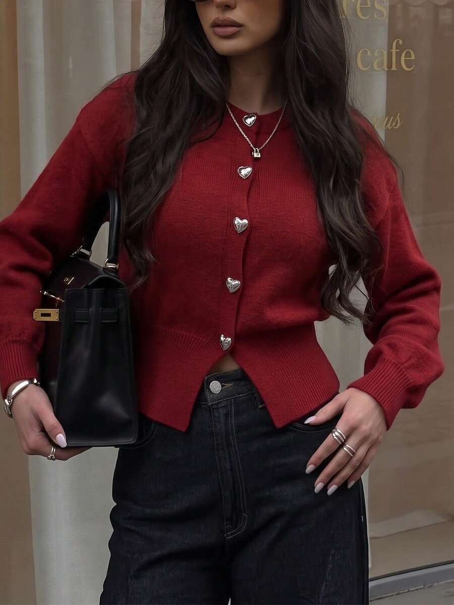 女款純色單排扣休閒百搭日常長袖針織衫 - 紅色 - 查看 1