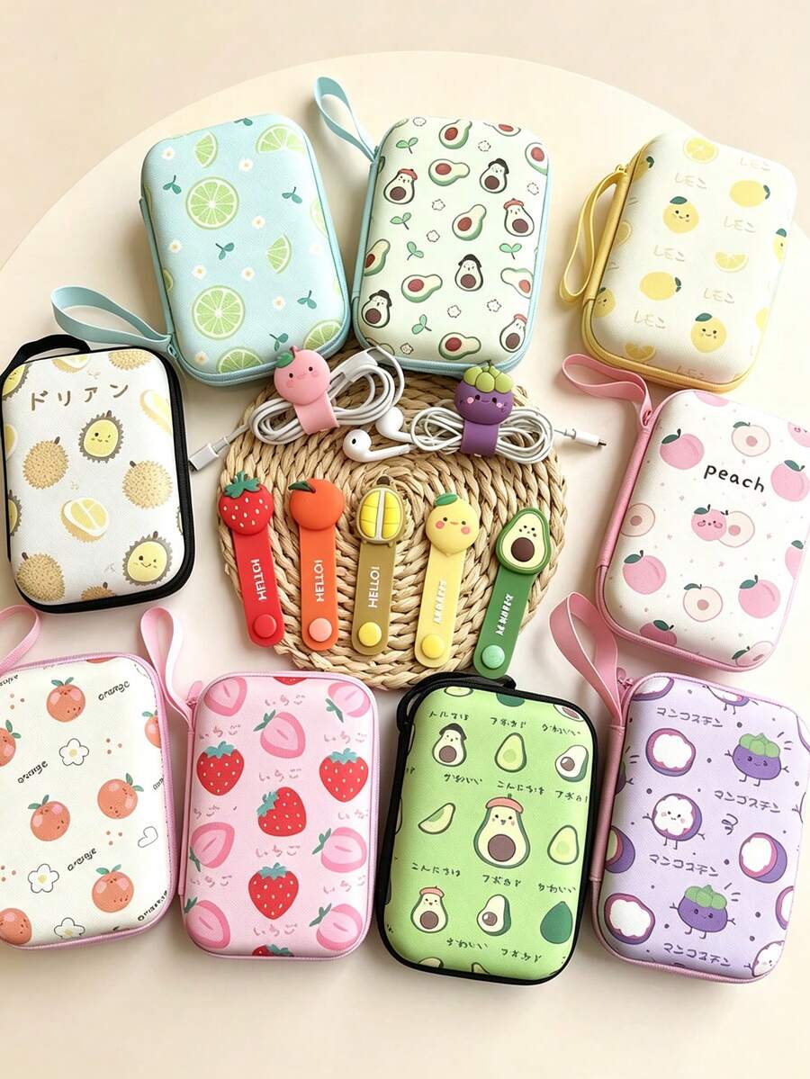 2pcs Cartoon Fruit Data Cable Organizer Avocado Strawberry Peach Multi-Print Portable Storage Bag, With 3D Fruit Cable Clips, Lanyard For Carrying Earphones And Charging Cables, Shockproof EVA Material, Practical Digital Organizer Pouch For Students - Multicolor - View 1