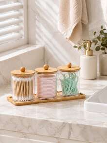 Set Penyimpanan Kamar Mandi Transparan 1/2/3/4 buah (Dengan Tutup dan Baki Bambu) – Wadah Penyimpanan Cotton Bud, Tusuk Benang Gigi, dan Bola Kapas – Cocok untuk Meja dan Wastafel Kamar Mandi - beraneka warna - View 4