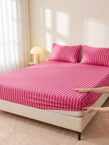 1pc Pink Striped Fitted Sheet, Bedding, Mattress Protector, Home Life, Home Textiles, Soft, Wrinkle-Resistant, Breathable And Comfortable, Suitable For All Bed Sizes, Dorm Bedding, Home Decor, Pillow And Pillowcase Not Included, Machine Washable, Back To School - Multicolor - View 7