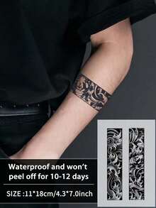 1Pc Man Tattoo Stripe Waves Temporary Tattoos Waterproof Sweatproof Last For 1-2 Weeks Realistic Herbal Juice Non-Reflective Faux Black Fake Tattoos For Woman And Men Tattoo Stickers For Arm, Chest, Leg, Abdomen, Waist Modernist Body Art - KJ - View 1