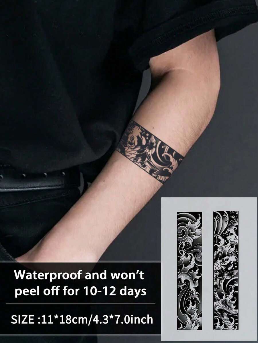 1Pc Man Tattoo Stripe Waves Temporary Tattoos Waterproof Sweatproof Last For 1-2 Weeks Realistic Herbal Juice Non-Reflective Faux Black Fake Tattoos For Woman And Men Tattoo Stickers For Arm, Chest, Leg, Abdomen, Waist Modernist Body Art - KJ - View 1