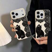 TPU Material Sweet Vintage Lace Black Cat Bow Pattern Phone Case Compatible With IPhone 17 Pro Max/17/16 Pro Max/15/13/12/11/ S20 FE/A15/S24/A55/ Note 11/Note 12/Note 13 Pro Full Coverage Anti-Drop Soft Shell Phone Protective Cover - White - View 5
