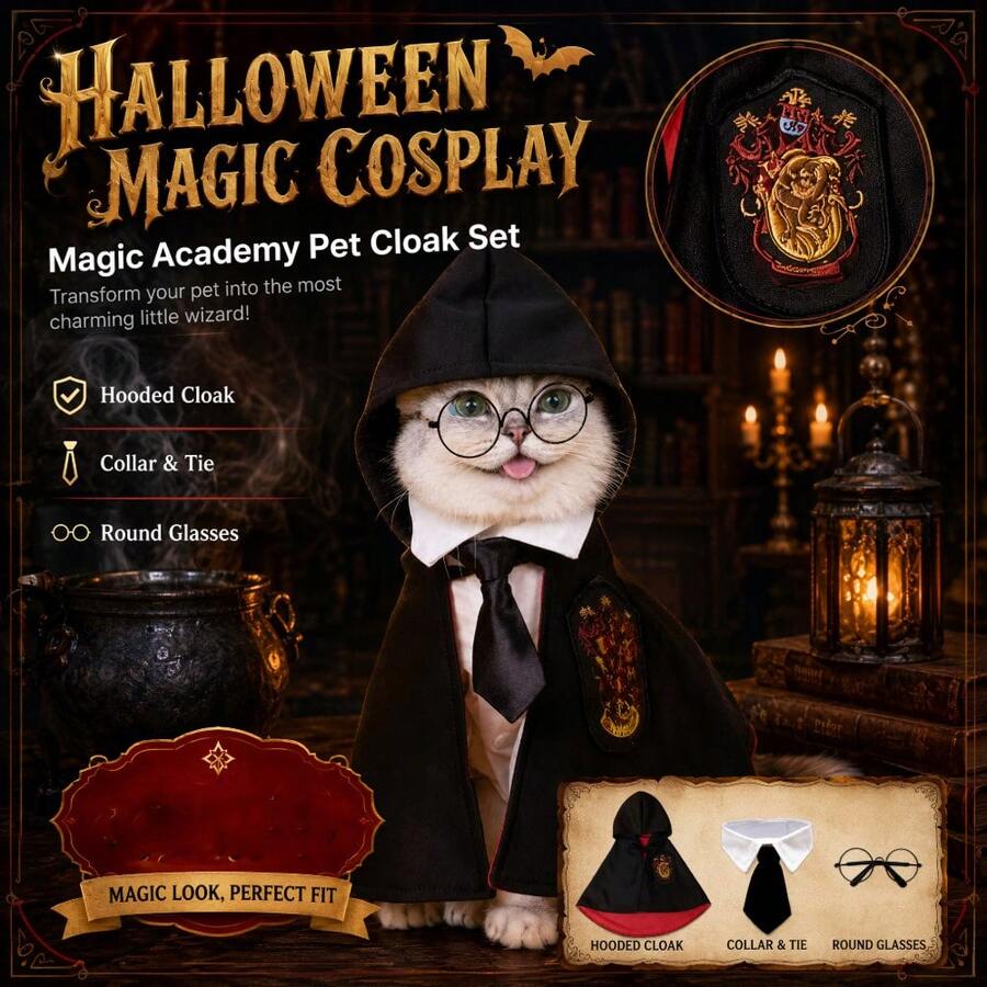 3pcs Horror Dark Gothic Pet Wizard Costume - Horror Hooded Cape With Glasses And Tie, Halloween Dog Cosplay Outfit - Red/Black - View 1