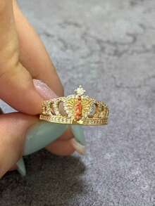 1pc Gold Crown Virgin Mary Ring, Micro-Inlaid Zirconia, Religious Princess Tiara Jewelry, Suitable For Daily Wear And Party, Women's Religious Gift - Gold - View 6